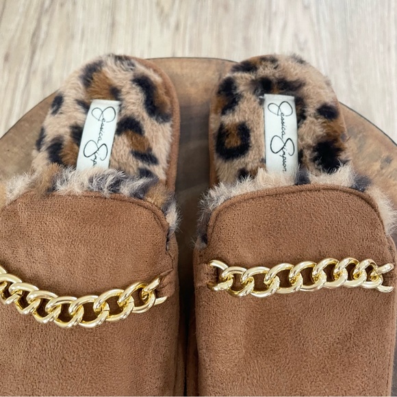 S M L NWT Jessica Simpson brown and gold fuzzy slippers with cheetah print - Picture 13 of 13